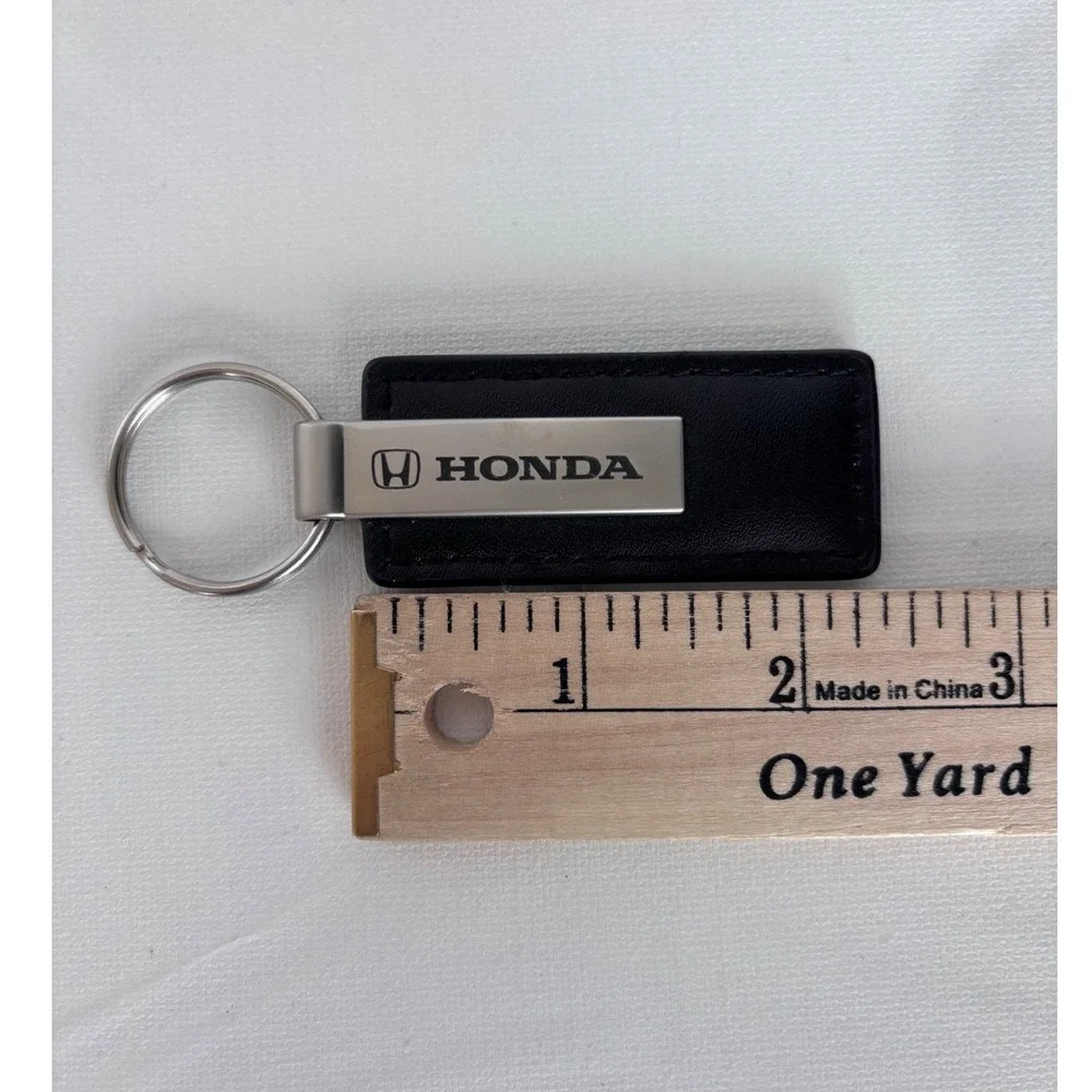 Honda Keychain Black Faux Leather Silver Tone Metal Logo Key Ring Accessory